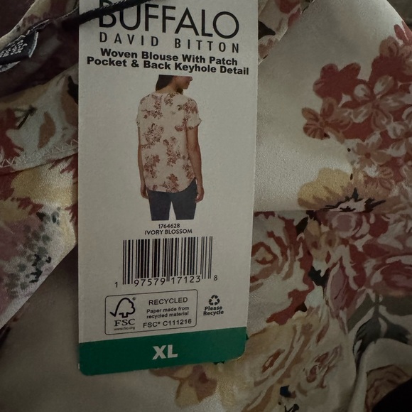 Buffalo David Bitton Tan Floral Relaxed Short Sleeve Blouse XL New - Picture 9 of 9